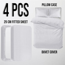 (Single Stripe Duvet Cover & Fitted Sheet, White) Stripe Duvet Cover Set Fitted Sheet & Pillowcase