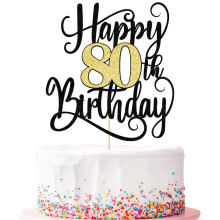 Ruscalin happy 80th birthday cake topper 80 birthday party cake decorations (Black and gold flashes 80th)