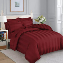 (Double Stripe Duvet Cover & Fitted Sheet, Burgundy/Red) Stripe Duvet Cover Set Fitted Sheet & Pillowcase
