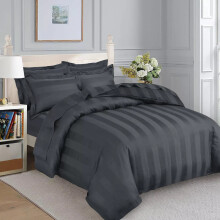 (Double Stripe Duvet Cover & Fitted Sheet, Charcoal/Dark Grey) Stripe Duvet Cover Set Fitted Sheet & Pillowcase