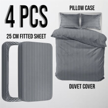 (Double Stripe Duvet Cover & Fitted Sheet, Grey) Stripe Duvet Cover Set Fitted Sheet & Pillowcase