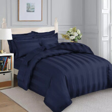(Double Stripe Duvet Cover & Fitted Sheet, Navy Blue) Stripe Duvet Cover Set Fitted Sheet & Pillowcase