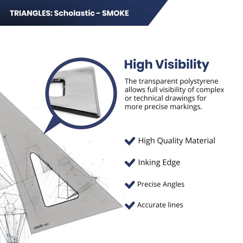 Pacific Arc's Scholastic Triangle - 8 inch - Smoke - 40/90 Angle - Polystyrene - Inking Edge - Technical Drawing Tools  Drafting  Architect and Engine 2