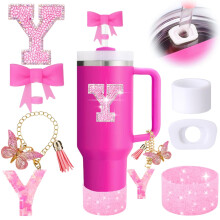6-teiliges rosa Stanley-Cup-Zubeh   rset mit Initialen-Dekorationen f   r Stanley Cup 30 oz und 40 oz, inklusive Schleife, Strohhalmaufsatz, Griffanh
