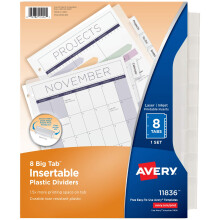 Avery slitstark plast 8-flikar insttbara stora flikavdelare fr 3 ringprmar Klar 1 set (11836)
