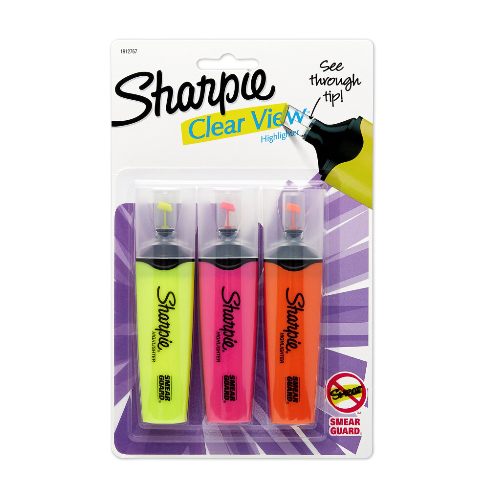 Sharpie 1912767 Surligneurs Pointe Biseaut E Clear View, Assortiment De 3 Surligneurs, Jaune, Rose Et Orange (1912937)-image