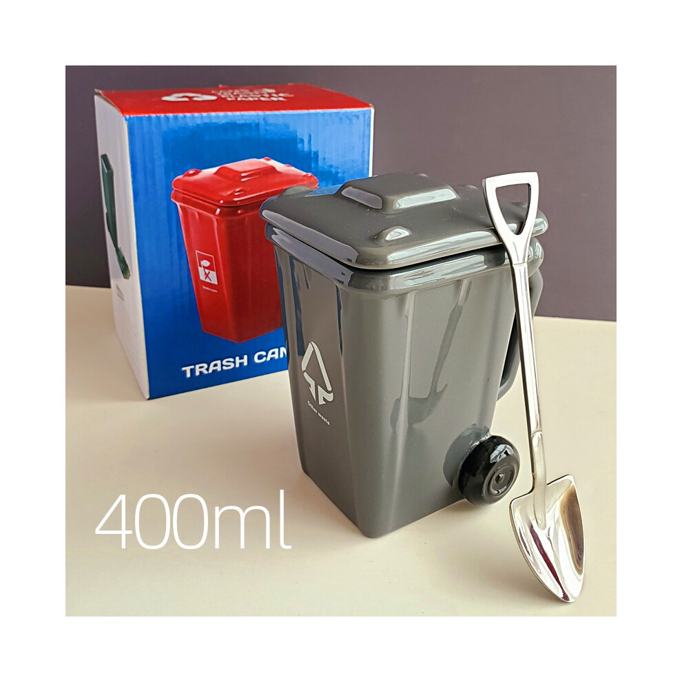 (Gray) Can 400ml Trash Creative Ceramic Mug Water Cup Shovel Gifts Spoon Christmas