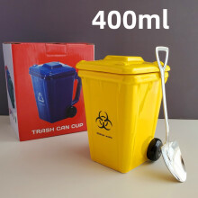 (Yellow) Can 400ml Trash Creative Ceramic Mug Water Cup Shovel Gifts Spoon Christmas
