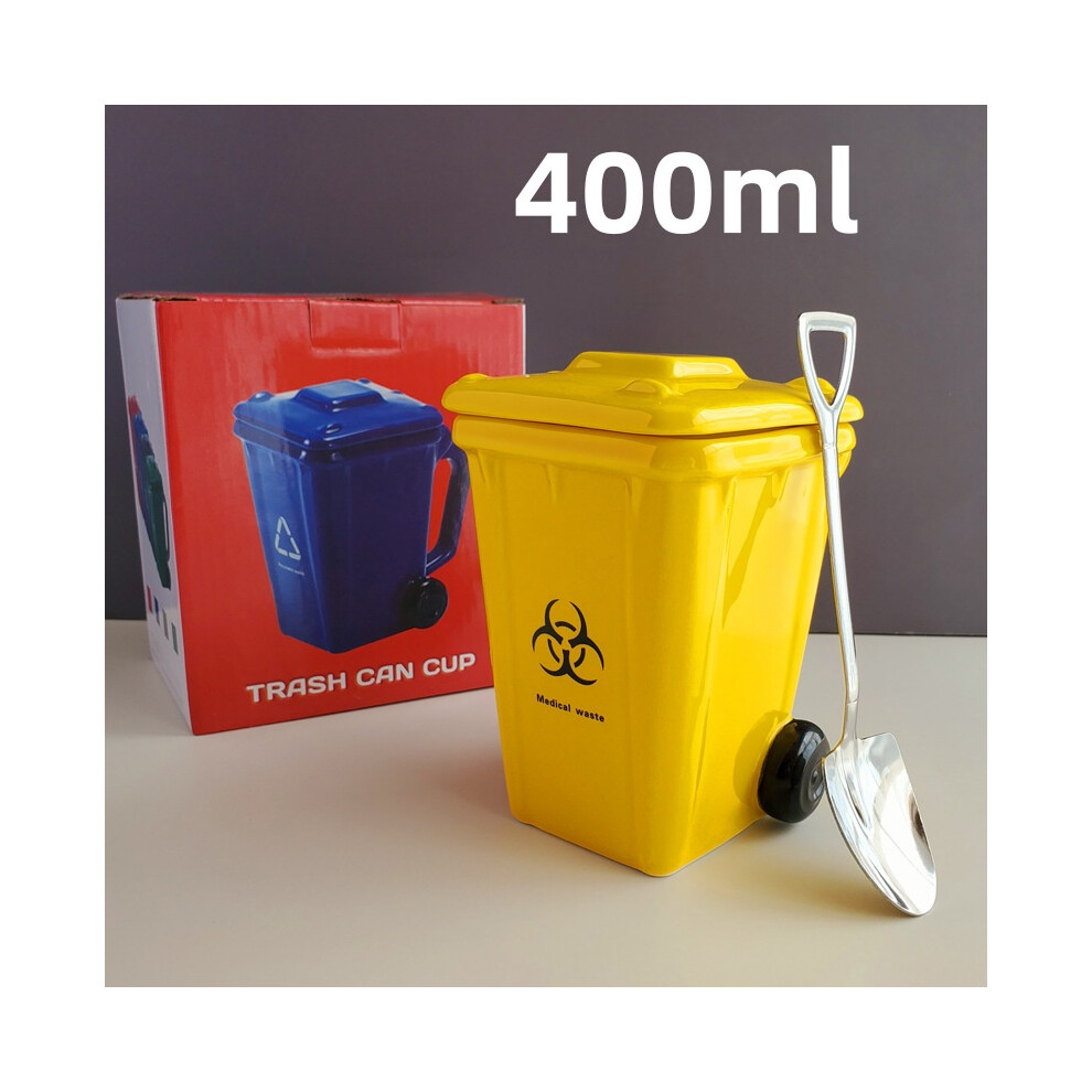 (Yellow) Can 400ml Trash Creative Ceramic Mug Water Cup Shovel Gifts Spoon Christmas