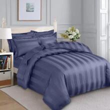 (Double Stripe Duvet Cover & Fitted Sheet, Washed Blue) Stripe Duvet Cover Set Fitted Sheet & Pillowcase