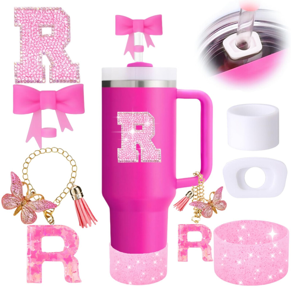 6PCS Pink Stanley Cup Accessories Set  Initials Decorations for Stanley Cup 30oz 40oz  Includes Bow Straw Topper  Handle Charm  Letter Sticker  Silico