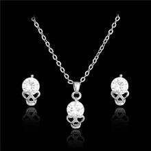 (Silver) Jewelry Punk Exaggerated Set Hollow Skull Head Shape Crystal Earrings Necklace