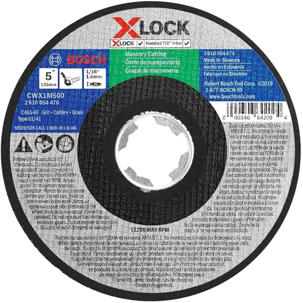 BOSCH CWX1M500 5 in. x 1/16 in. X-Lock Masonry Cutting Abrasive Wheel 24 Grit Compatible with 7/8 in. Arbor Type 1A (ISO 41) for Applications in Mason