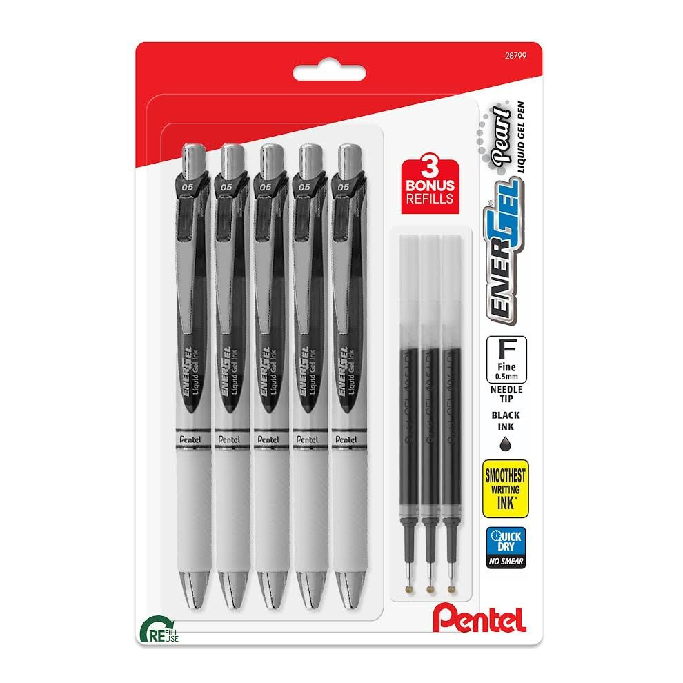 Pentel Energel Rtx Retractable Pearl Pens - Needle Tip - Fine Point 0.5 Mm - Energel Liquid Gel Ink Pens Pack Of 5 + 3 Refills