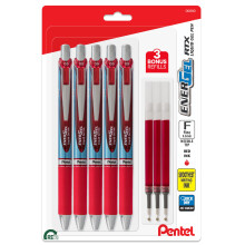 Pentel Energel Deluxe RTX 0,5 mm punaiset neulak  rjet - nestem  inen geelikyn  setti - 5 kpl + 3 t  ytt  pakkausta