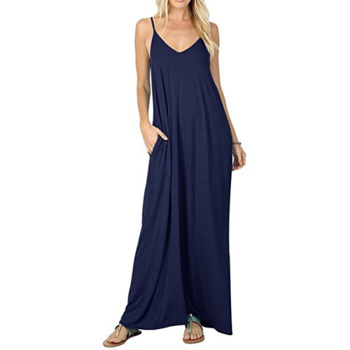 (Navy, L) Vneck Long Women Beachwear Spaghetti Strap Cocktail Dress Sling Sundress Maxi