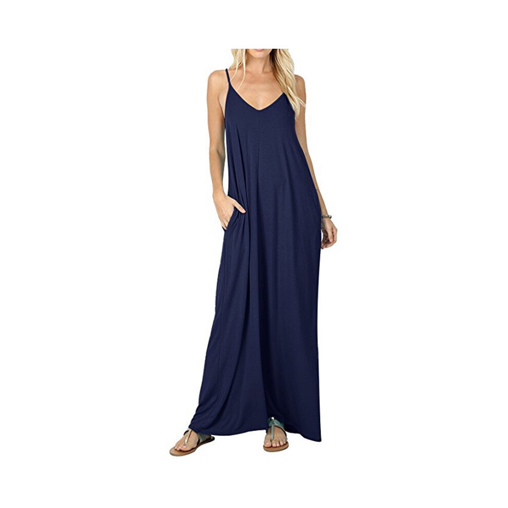 (Navy, L) Vneck Long Women Beachwear Spaghetti Strap Cocktail Dress Sling Sundress Maxi