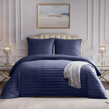 (King Stripe Duvet Cover & Fitted Sheet, Navy Blue) Stripe Duvet Cover Set Fitted Sheet & Pillowcase