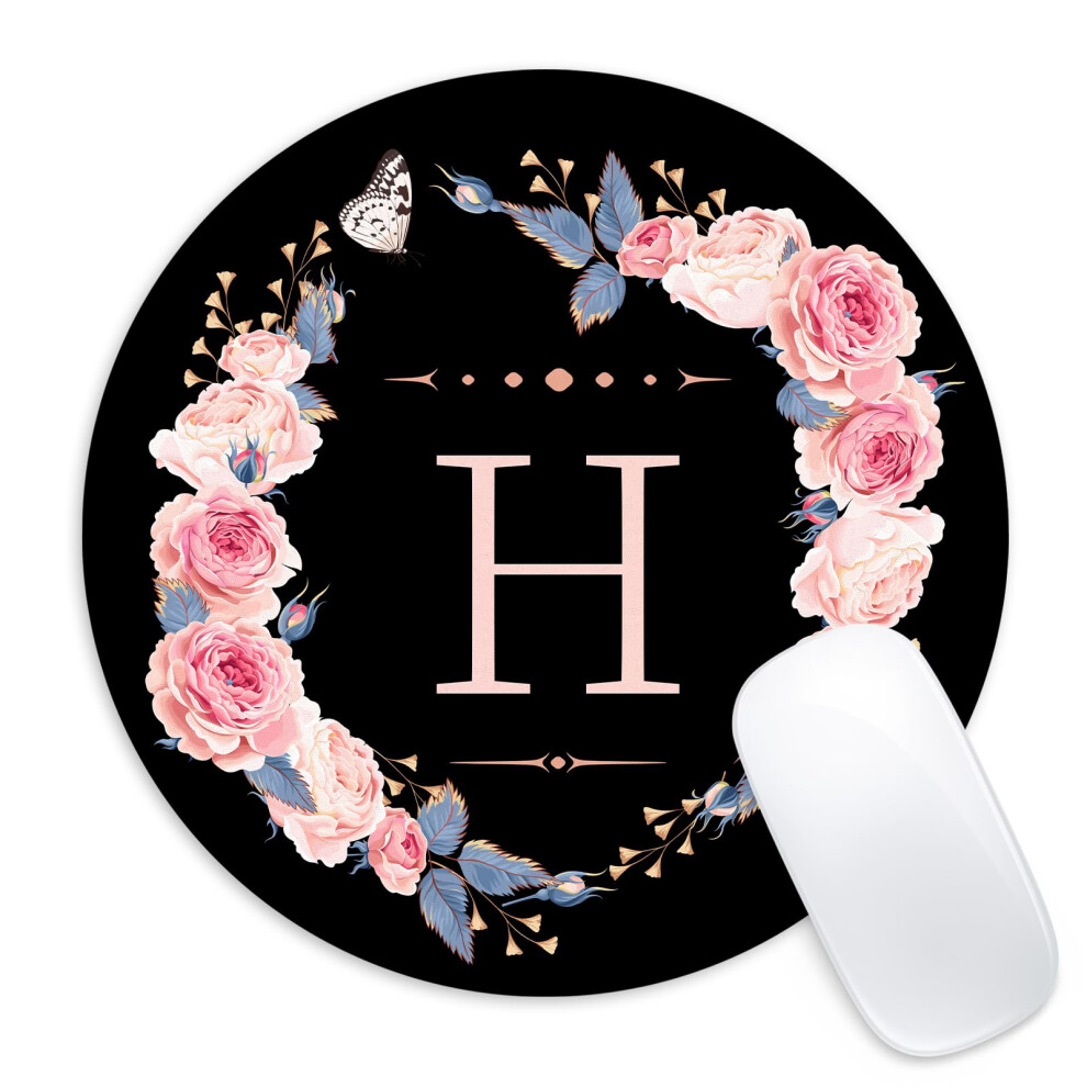 Tappetino Per Mouse Rotondo Con Fiori Neri E Rosa E Lettera H, Divertente Tappetino Per Mouse Piccolo Con Base In Gomma Antiscivolo, Accessori Pe-image
