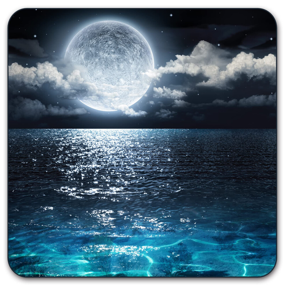 Premium Square Waterproof Mouse Pad - Non-Slip Rubber Base 9X9 Inches (Moon By The Sea) 683370722958