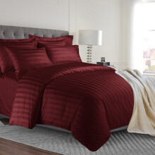 (Super King Stripe Duvet Cover & Fitted Sheet, Burgundy/Red) Stripe Duvet Cover Set Fitted Sheet & Pillowcase