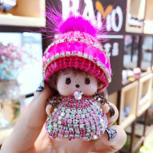 (Rose) Hat Monchichi Crystal Pompom Keychain Keyring Charm Pendant Purse Chain Bag Key
