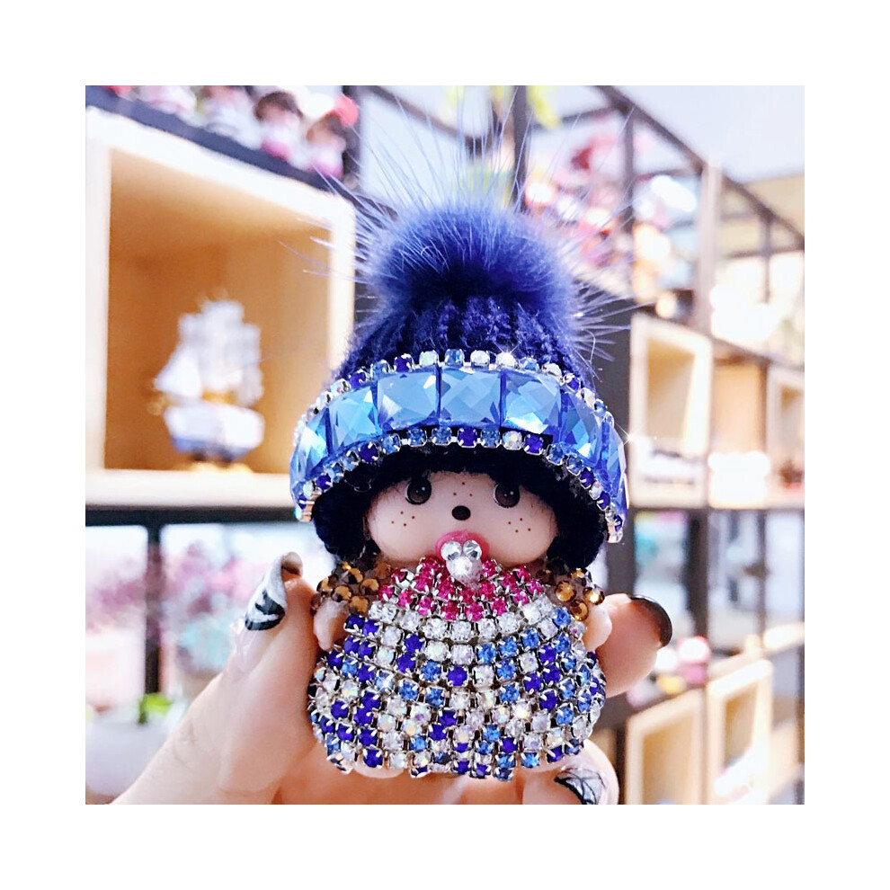 (Blue) Hat Monchichi Crystal Pompom Keychain Keyring Charm Pendant Purse Chain Bag Key
