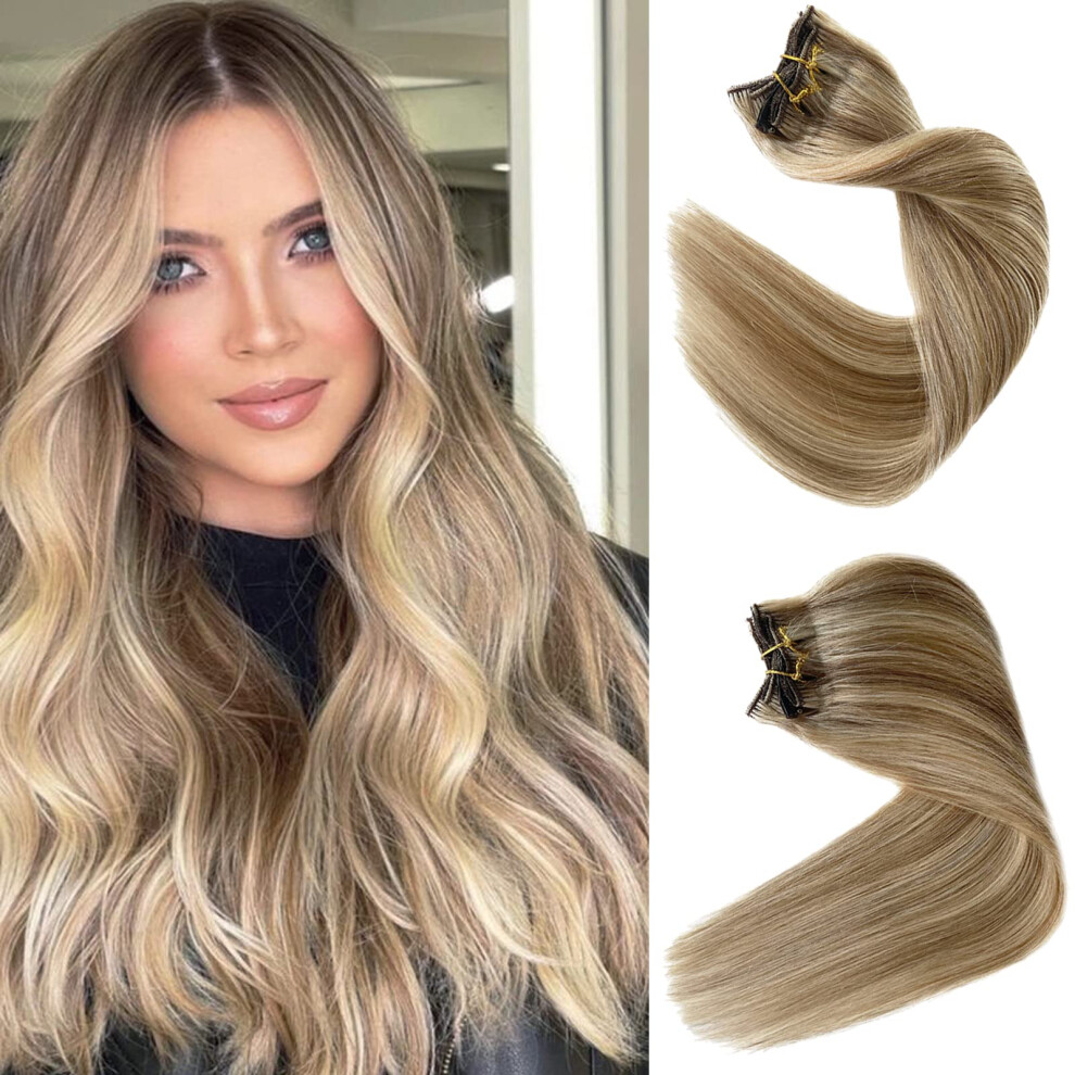 Valiilo Hair Extensions Real Human Hair Clip In Human Hair Extensions Light Blonde And Golden 18Inch Remy Hair Extensions Highlights Clip On Extensio