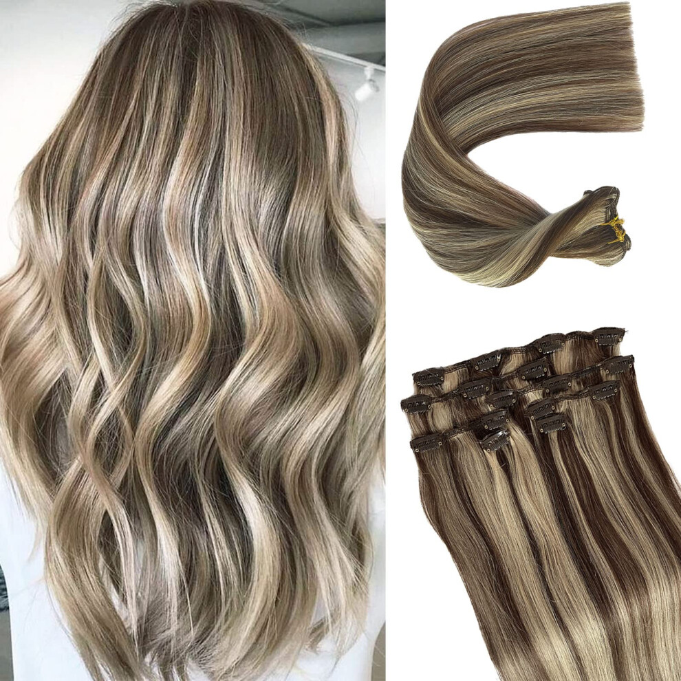 Valiilo Unisex Brown Clip In Human Hair Extensions Remy Hair 20Inch Balayage Hair Extensions Clip On Extensions To Blonde Highlights Double Weft Hair Extensions Clip