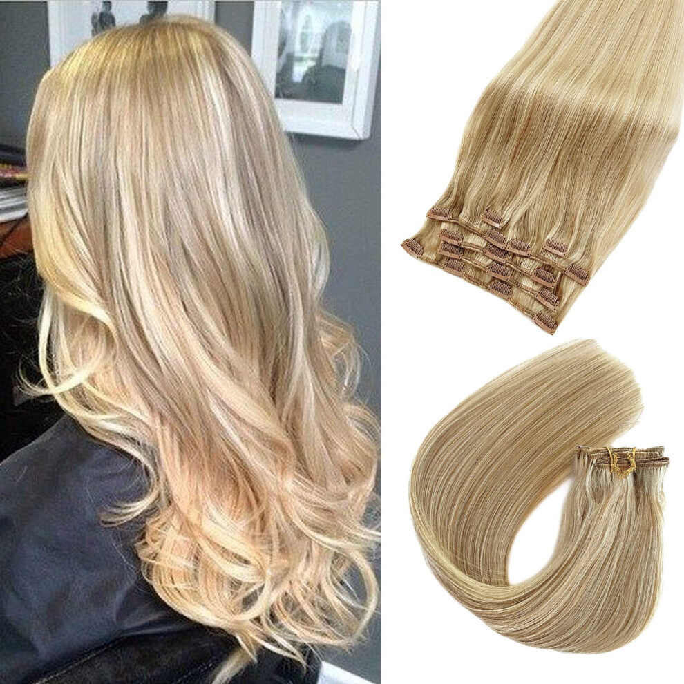 Valiilo Unisex Human Hair Extensions 22Inch Balayage Clip In Hair Extensions Real Human Hair Blonde Highlighted Hair Extensions Clip Ins Extensions 7Pcs 70G