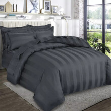 (Super King Stripe Duvet Cover & Fitted Sheet, Charcoal/Dark Grey) Stripe Duvet Cover Set Fitted Sheet & Pillowcase
