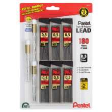 Pentel 5 mm loodnavulling en gumpakket voor mechanische potloden - Super Hi-Polymer loodvullingen - Voordeelpakket - 6 pakjes van 0,5 loodvulling