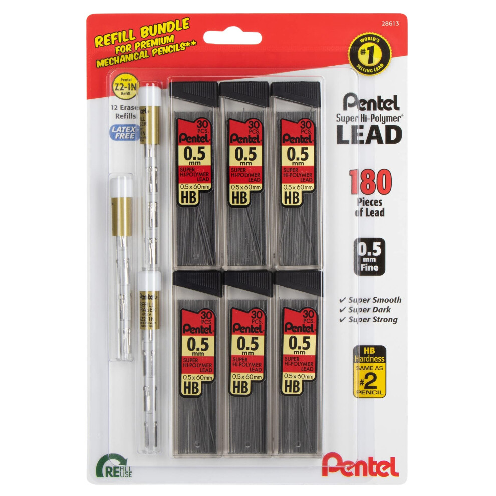 Pentel 5mm Lead Refill and Eraser Pack for Mechanical Pencils - Super Hi-Polymer Lead Refills - Value Pack - 6 Packs of 0.5 Lead Refills (30 in Each)