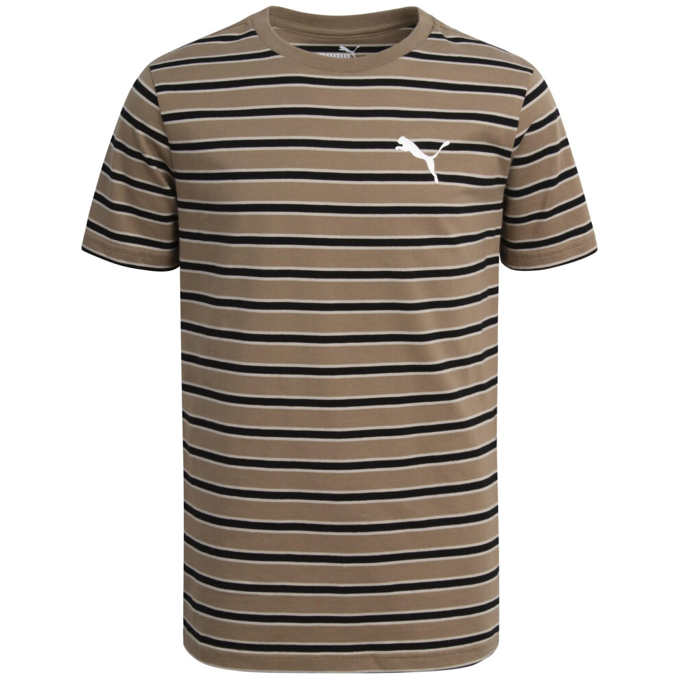 PUMA Boys' T-Shirt - Cat Logo T-Shirt for Boys - Athletic Crewneck Short Sleeve Tee (S-XL)  Size Large  Brown Stripes