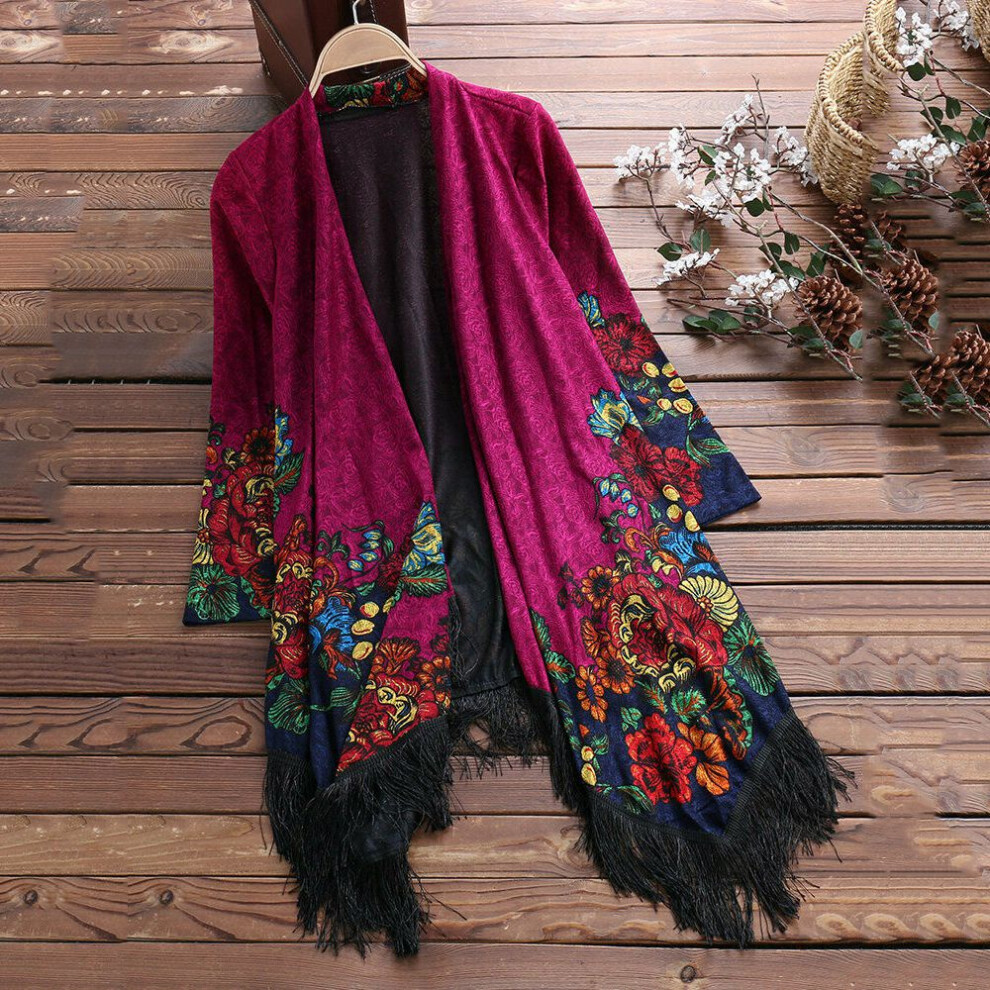 (Rose Red, 4XL) Women Vintage Floral Loose Long Sleeve Coat Shawl Kimono Jacket Boho Cardigans-image-OPC-PGSPY8N-NEW