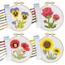 Kraftex-borduurpakketten voor beginners (bloemthema - 6,75 inch - 4 stuks, 1 x borduurring) DIY-borduurnaaldpatronen voor volwassenen Inclusief klapr