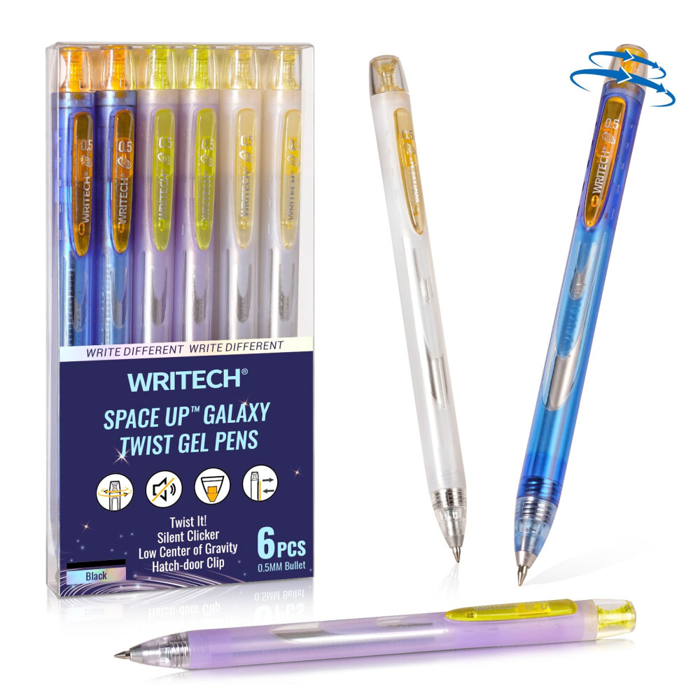 Writech Twist Gel Ink Pens: Fine Point 0.5Mm Ink 6Ct Low Center Of Gravity Rotatable Pen No Smear Silent Click Space Up Gel Galaxy Black