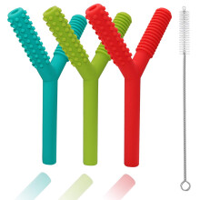 Bijtringbuizen voor baby's van 3-6 maanden 3-pack siliconen hol kauwbuisspeelgoed voor autistische kinderen Y-vorm kauwbaar stro Babybijtringspeelgoe