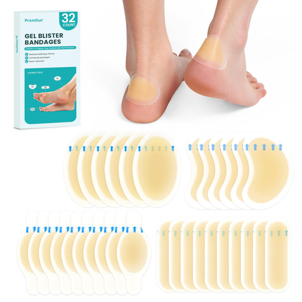 Promifun Hydrocolloid Gel Blister Bandages Pads - (Variety Pack) 32Ct Waterproof Adhesive Blisters Bandages - Blister Pads For Heel Foot Toe Feet