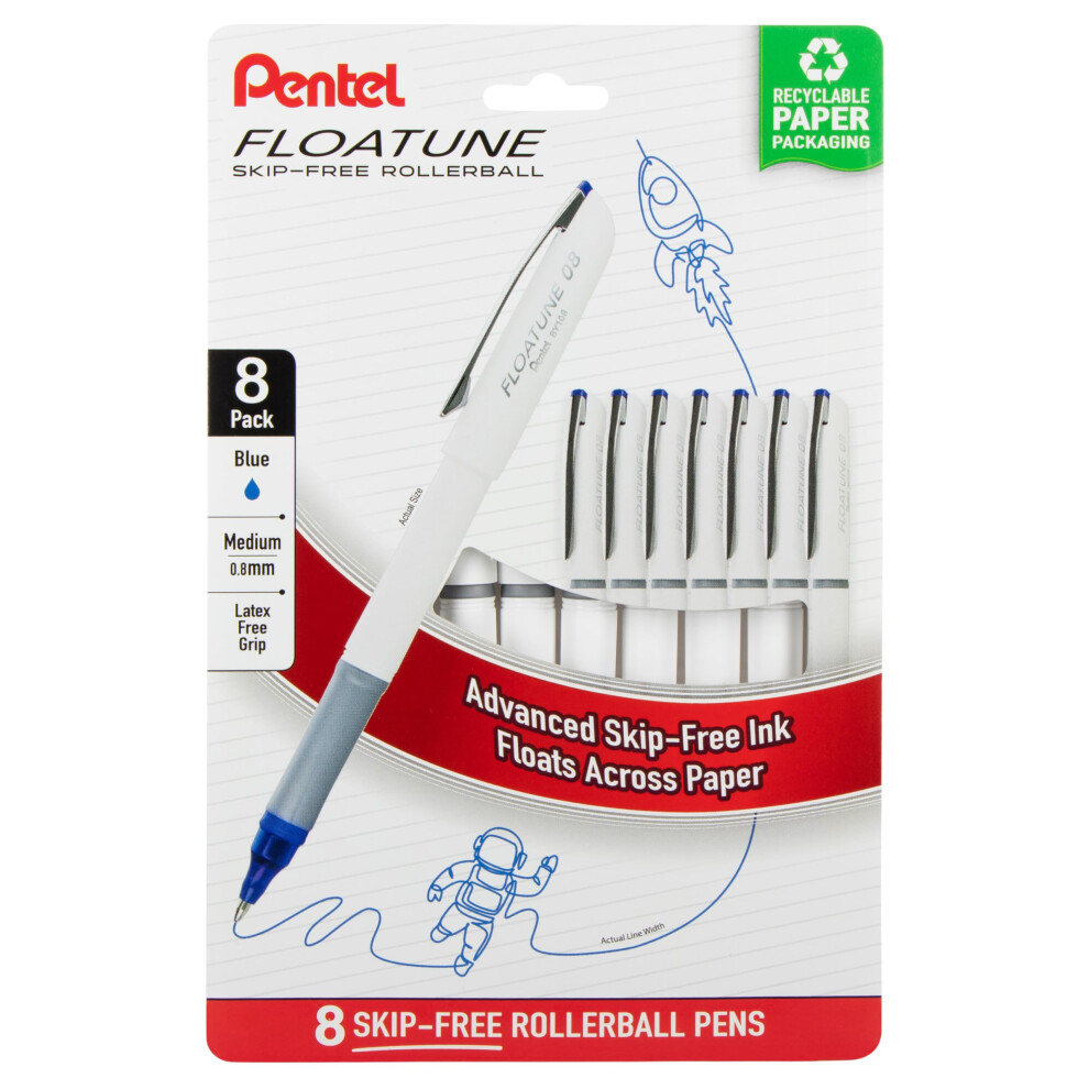 Pentel Floatune Rollerball 0.8Mm Medium Point Blue Ink Pack Of 8 Pens (By108pf8c)