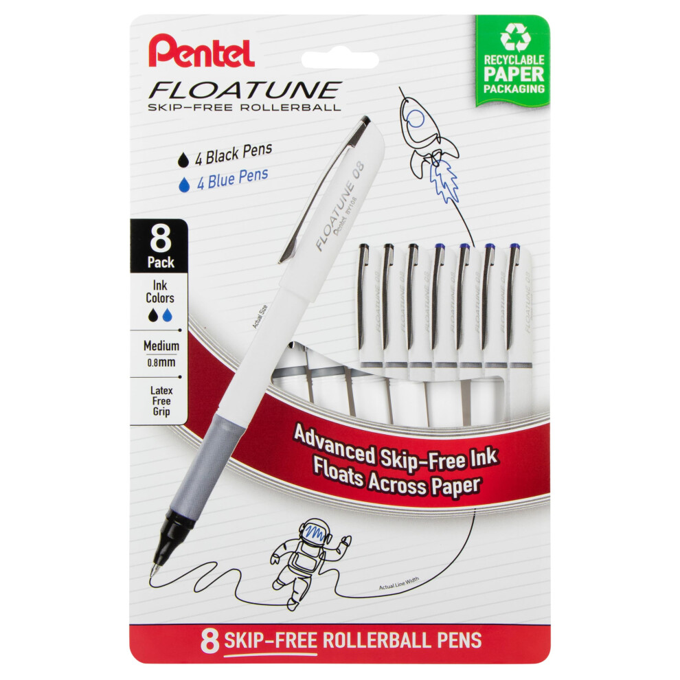Pentel Floatune Rollerball 0.8Mm Medium Point Black & Blue Ink Pack Of 8 Pens (By108pf8ac)