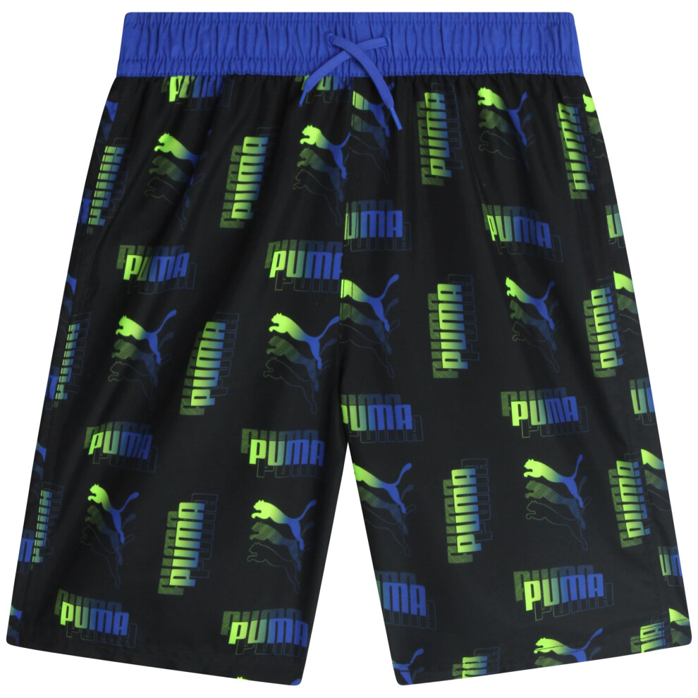 PUMA Boys' Swim Trunks - Quick Dry Swimsuit Shorts with Pockets and Mesh Lining - Swimming Trunks for Boys (Sizes 8-20)  Size 10-12  Black Blue Taping