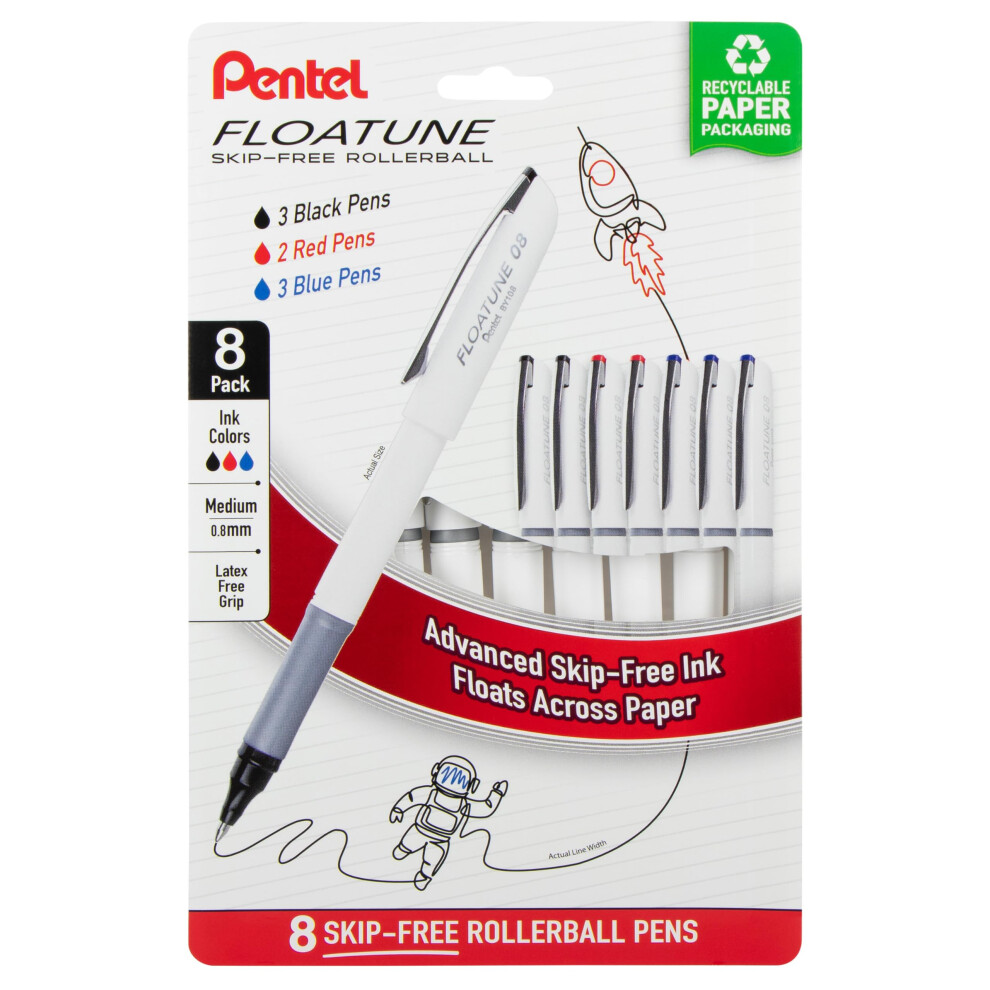 Pentel Floatune Rollerball Pen (0.8Mm) Medium Point Black/Blue/Red Ink Pack Of 8 Pens (By108pf8ofc)