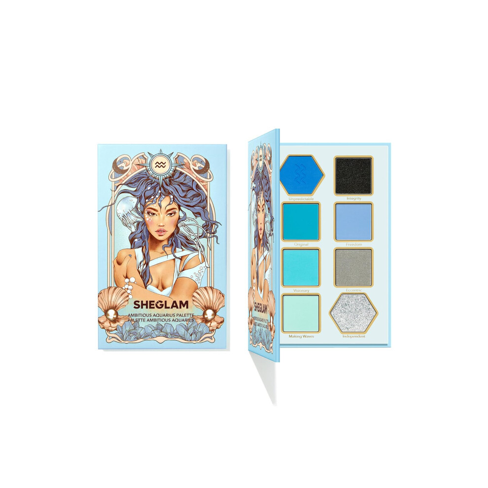 Sheglam Blue,Silver Glitter Metallic Eyeshadow Palette 8-Color High Pigment Silver Blue Long Wearing Horoscope Collection Eye Shadow Palette - Ambitious Aquarius