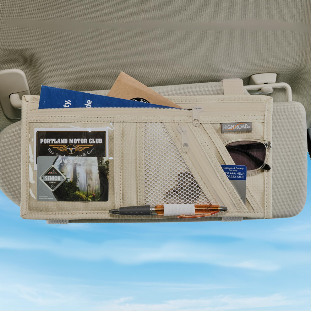 High Road Car Visor Organizer With Secure Zip Pockets Sunglasses Holder And Clear Registration And Insurance Pocket - Heavy Duty Straps Fit Most Car 088838851476