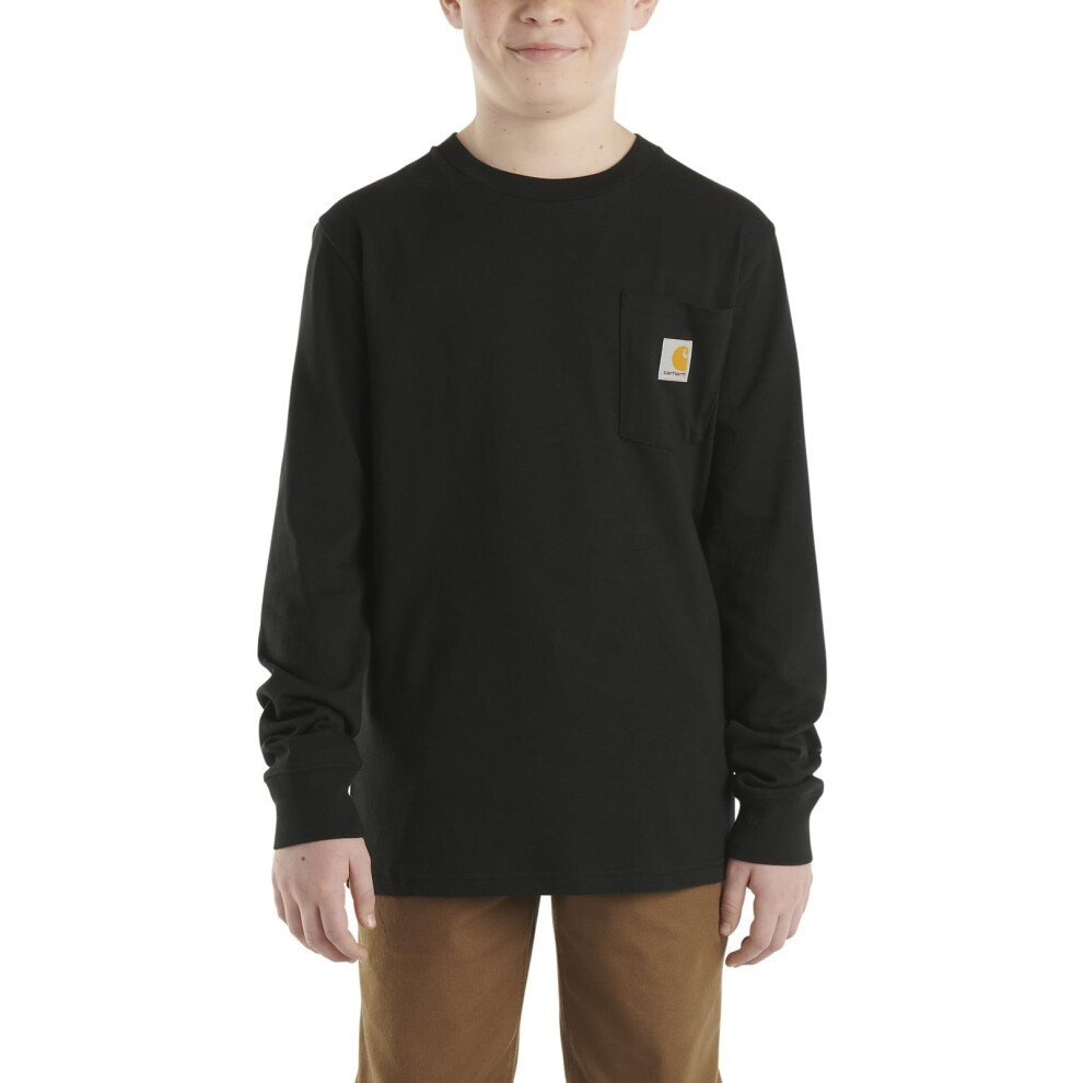 Carhartt Boys' Long Sleeve Crewneck T-Shirt with Pocket  Caviar Dark Black