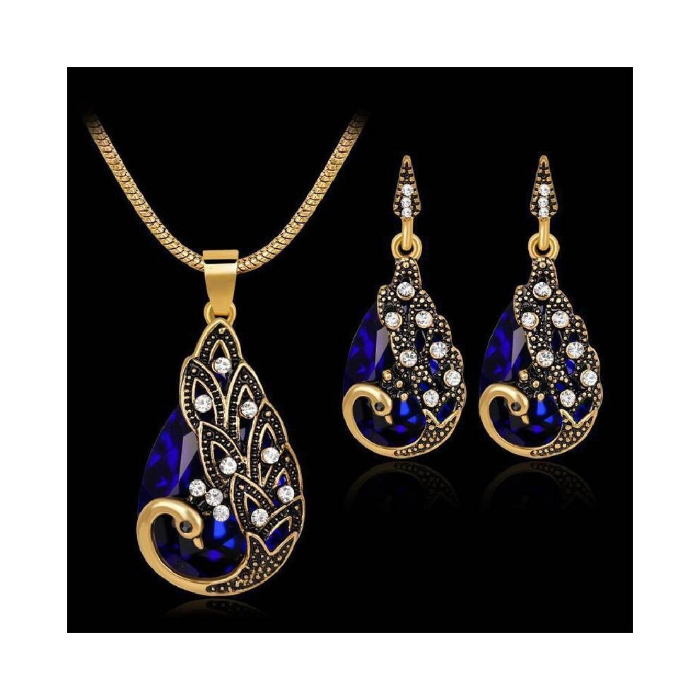 Blue Waterdrop Peacock Pendant Necklace Earring Set Jewelry Simple Fashion Gift
