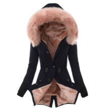 (Black Pink, M) Fur Faux Women Collar Hooded Coats Parka Winter Warm Fleece Jacket Coat Lined