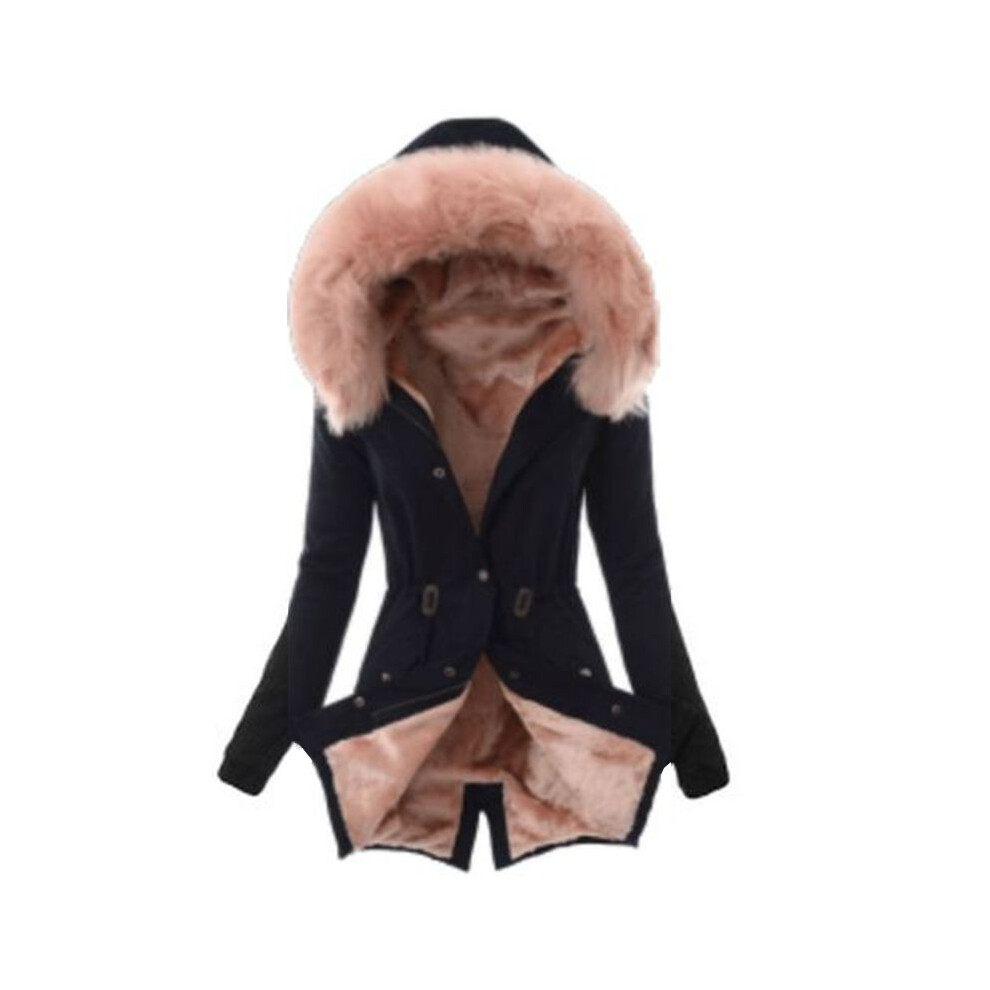(Black Pink, M) Fur Faux Women Collar Hooded Coats Parka Winter Warm Fleece Jacket Coat Lined