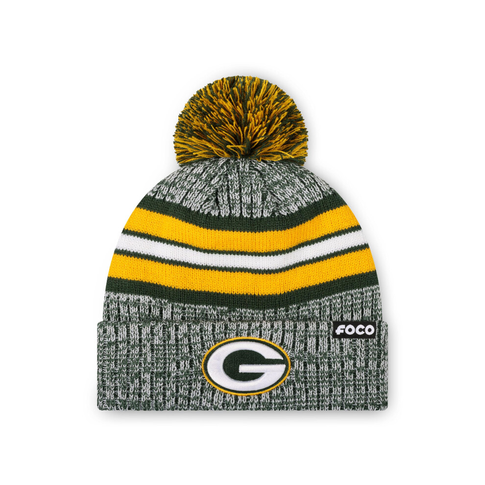 Foco Green Bay Packers Nfl Logo Heather Stripe Pom Beanie Hat Team Color